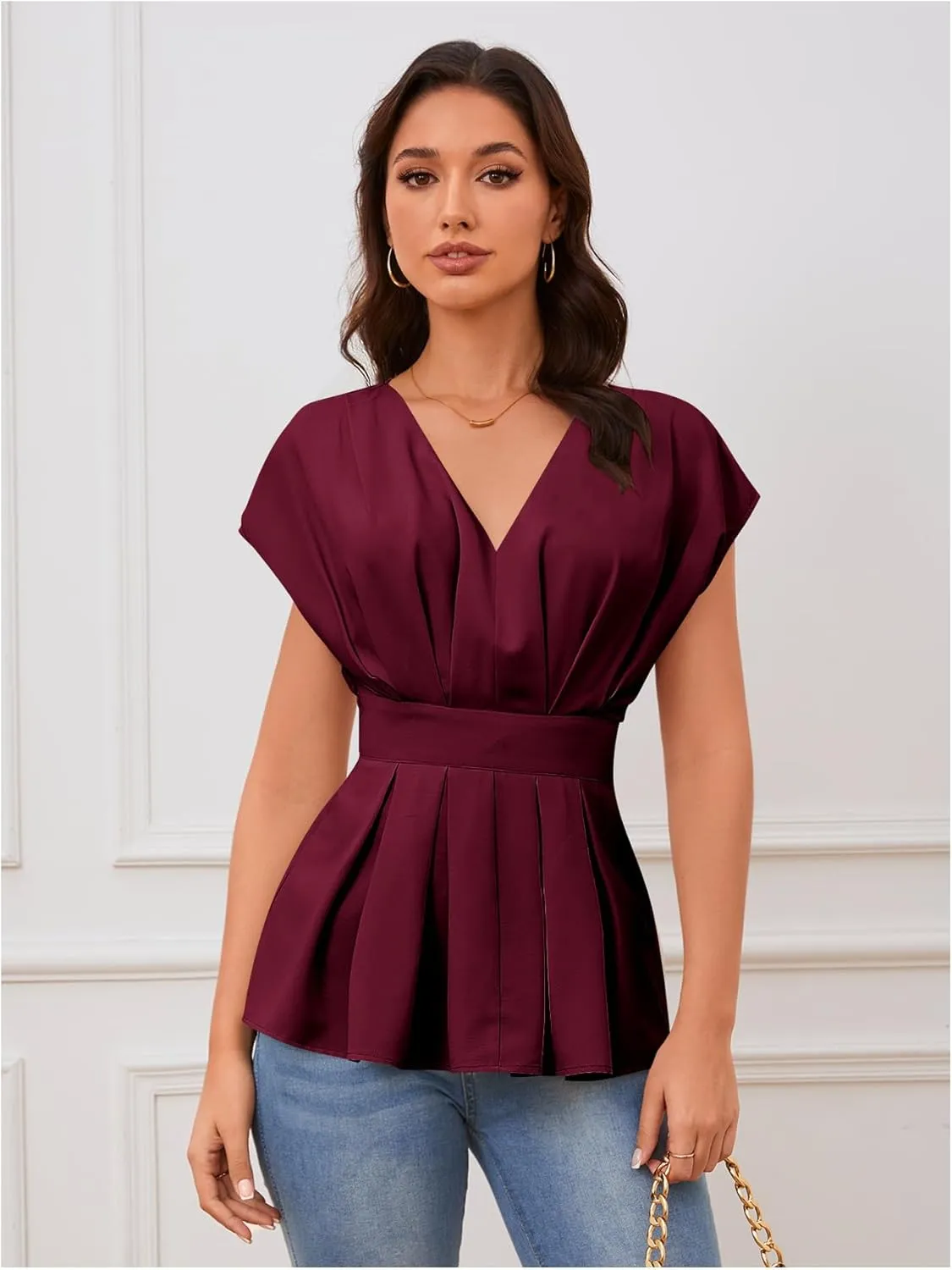 SweatyRocks Women's Batwing Sleeve V Neck Fold Pleated Ruffle Hem Blouse Peplum Top
