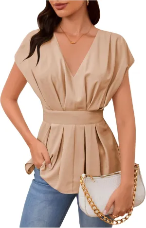 SweatyRocks Women's Batwing Sleeve V Neck Fold Pleated Ruffle Hem Blouse Peplum Top