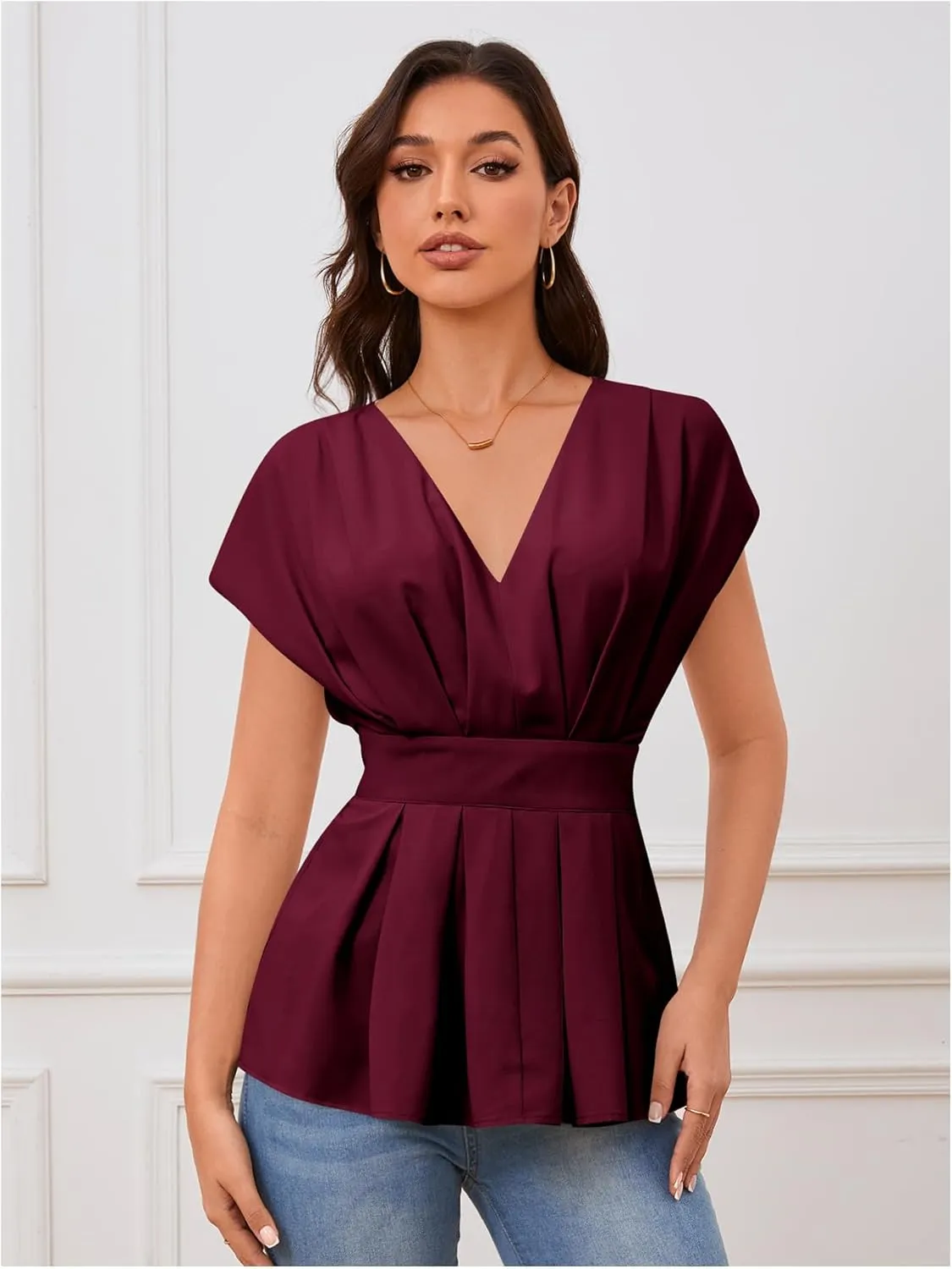 SweatyRocks Women's Batwing Sleeve V Neck Fold Pleated Ruffle Hem Blouse Peplum Top