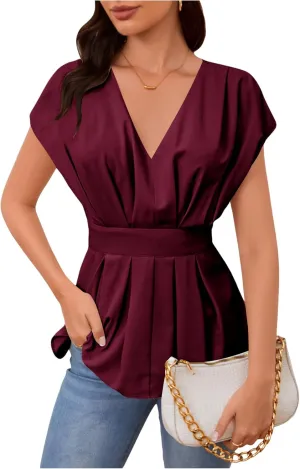 SweatyRocks Women's Batwing Sleeve V Neck Fold Pleated Ruffle Hem Blouse Peplum Top