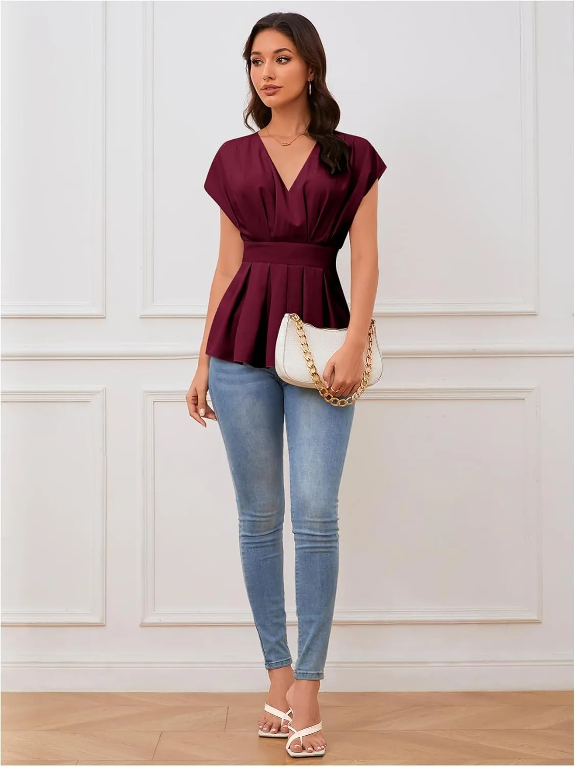 SweatyRocks Women's Batwing Sleeve V Neck Fold Pleated Ruffle Hem Blouse Peplum Top