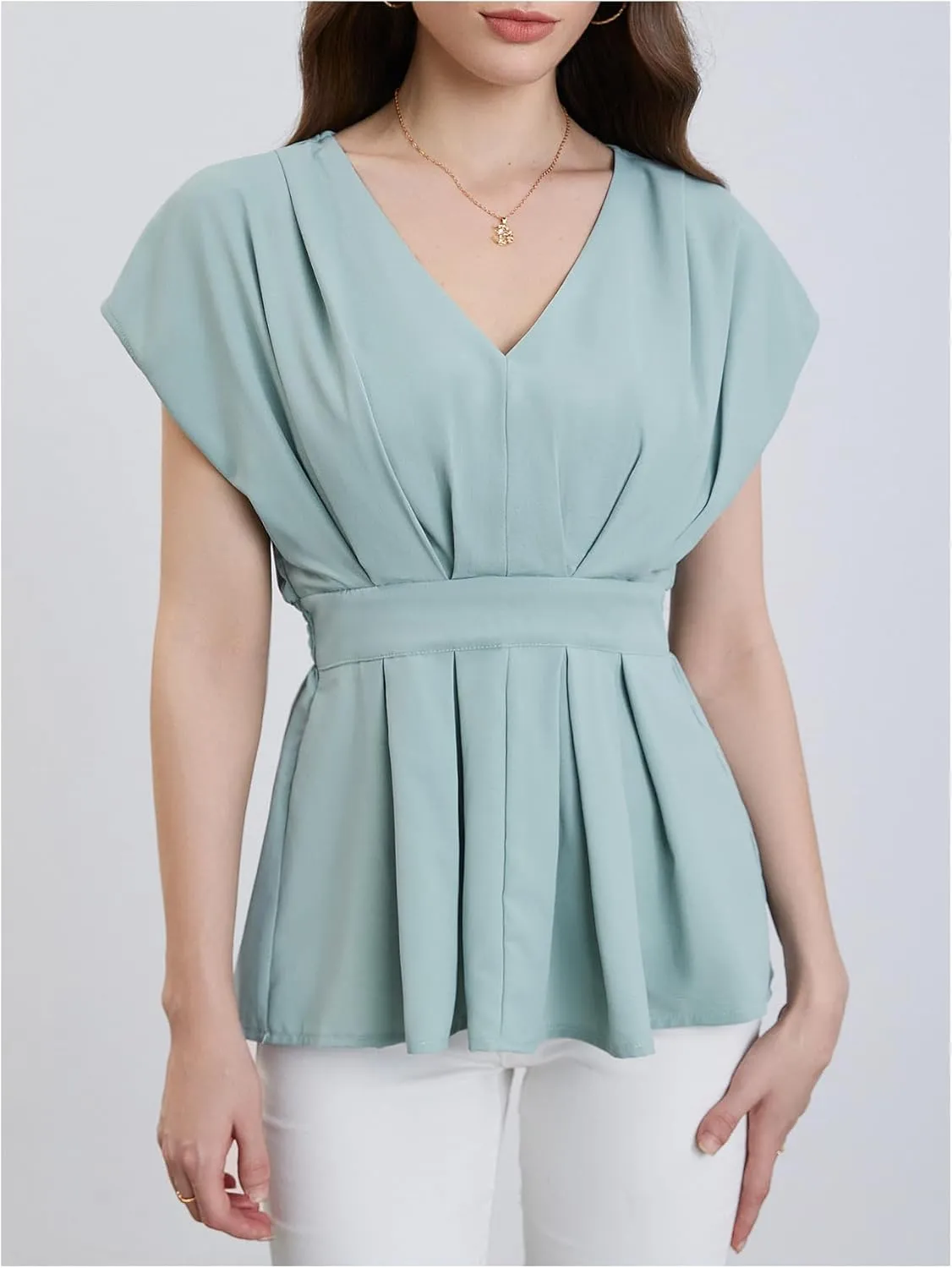 SweatyRocks Women's Batwing Sleeve V Neck Fold Pleated Ruffle Hem Blouse Peplum Top
