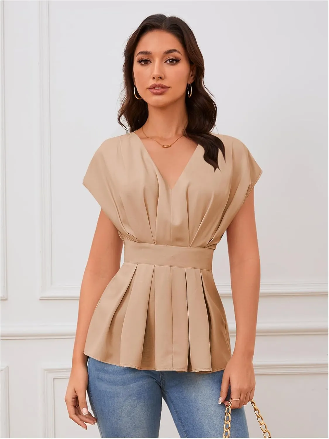 SweatyRocks Women's Batwing Sleeve V Neck Fold Pleated Ruffle Hem Blouse Peplum Top