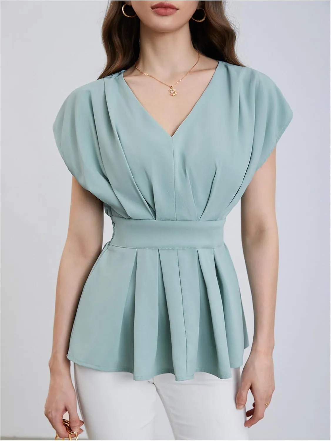 SweatyRocks Women's Batwing Sleeve V Neck Fold Pleated Ruffle Hem Blouse Peplum Top