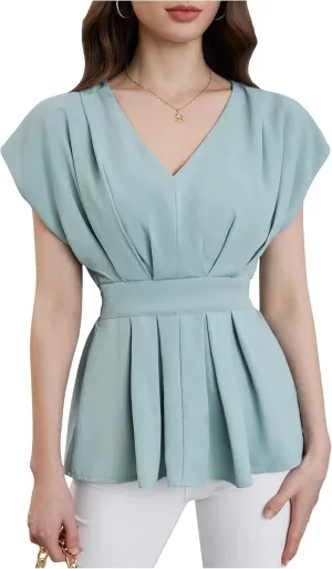 SweatyRocks Women's Batwing Sleeve V Neck Fold Pleated Ruffle Hem Blouse Peplum Top