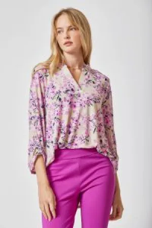 Tan & Pink Floral 3/4 Sleeves Top