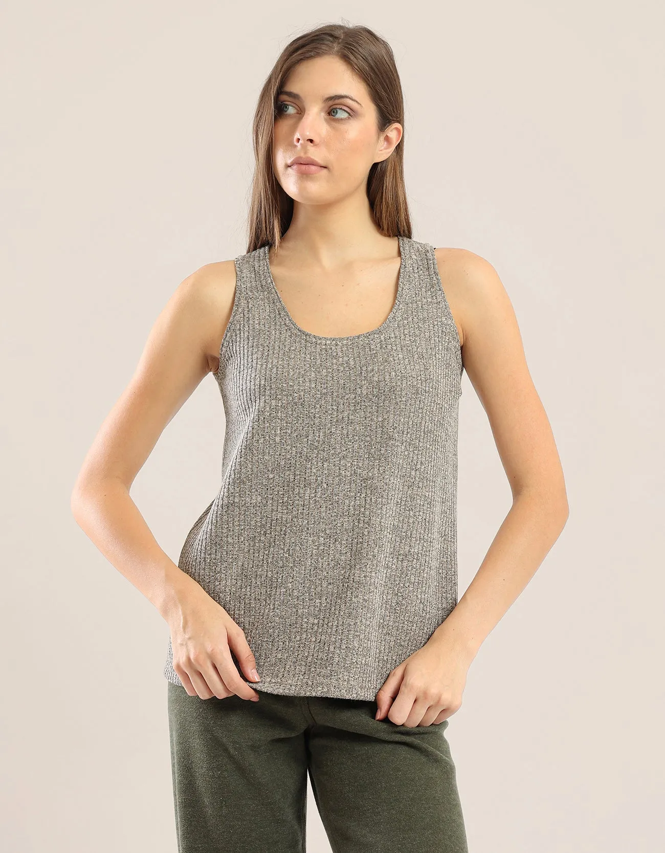 Tank top in ribbed tricot with round neckline and sleeveless