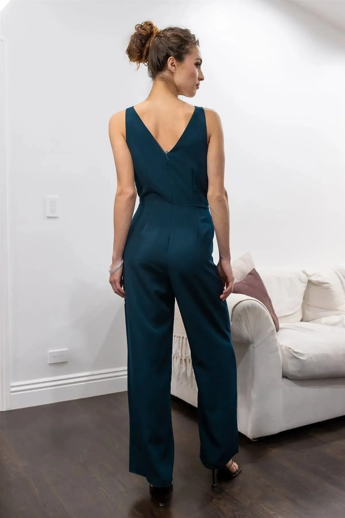 Teal Front Double Wrap Lace Trim Neck Detail Sleeveless Jumpsuit /1-2-2