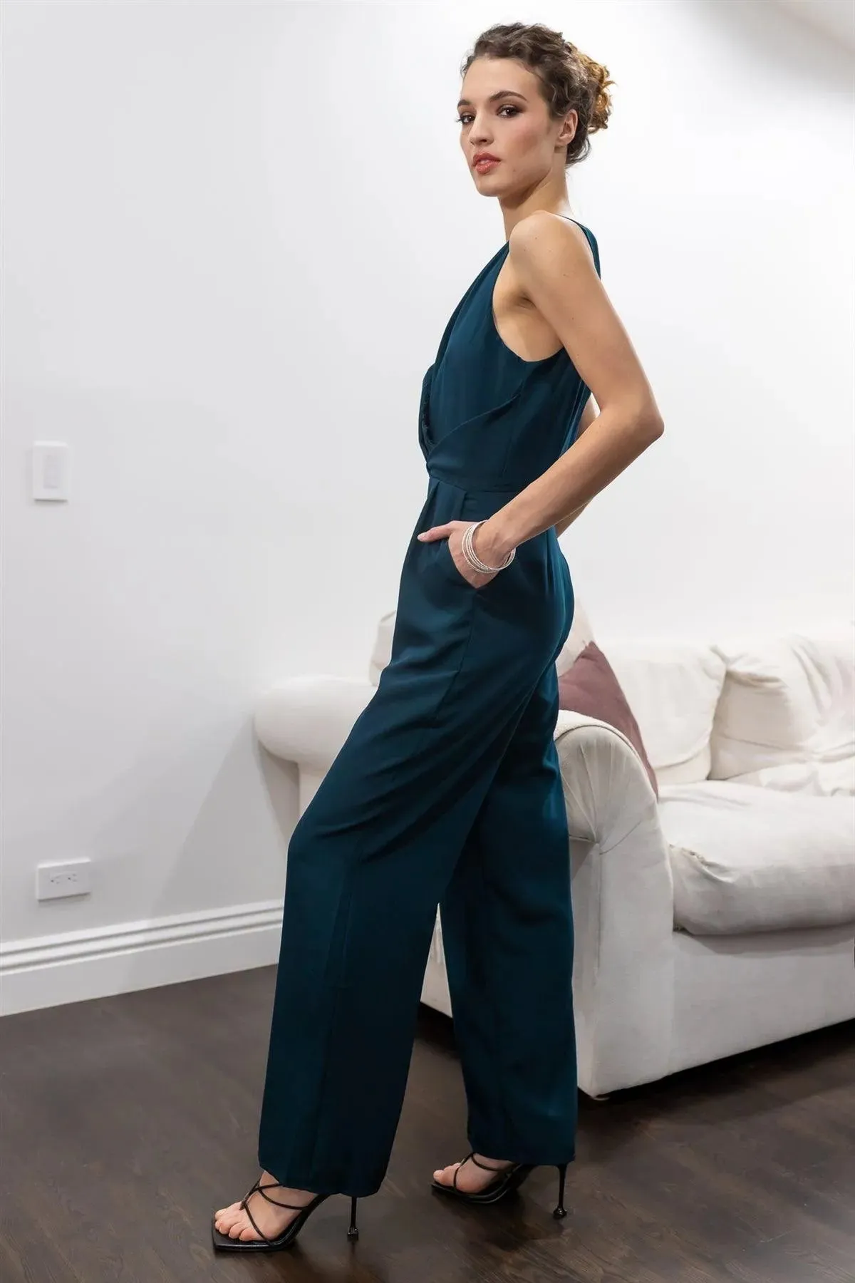 Teal Front Double Wrap Lace Trim Neck Detail Sleeveless Jumpsuit /1-2-2