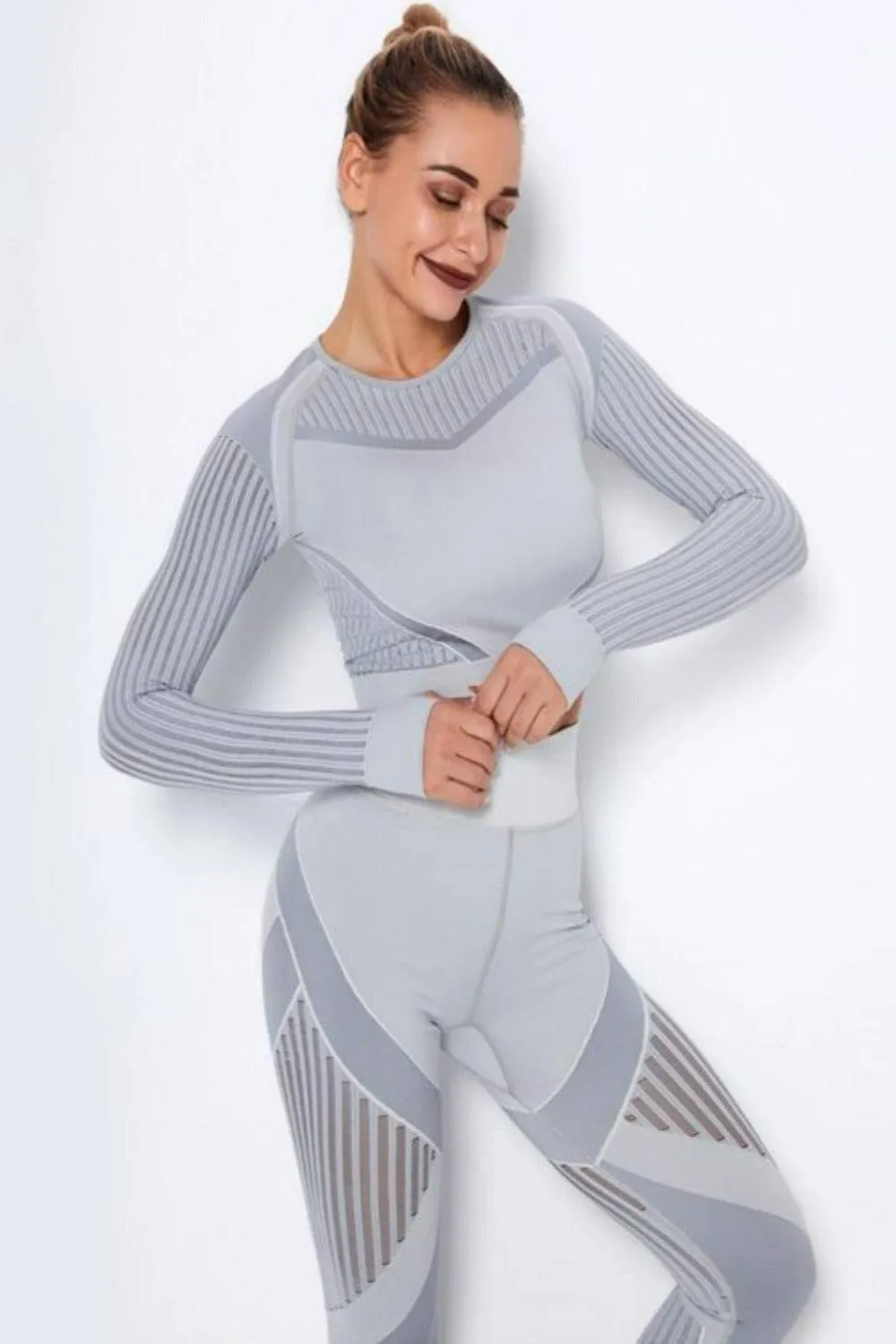 Tummy Control High Waist Seamless Yoga Top And Leggings 2 Piece Set - Light Gray