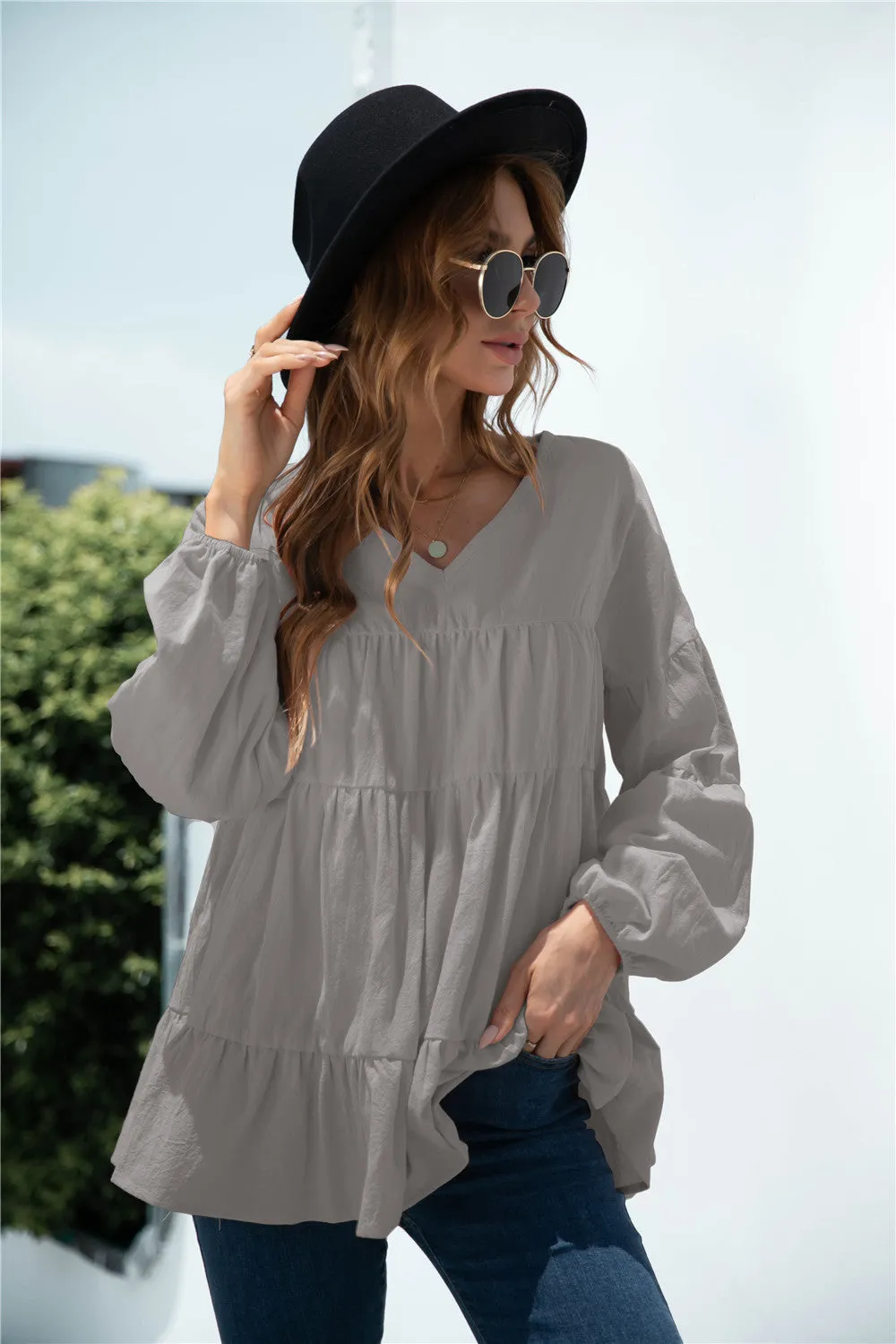 V-Neck Transitional Gathered Blouse