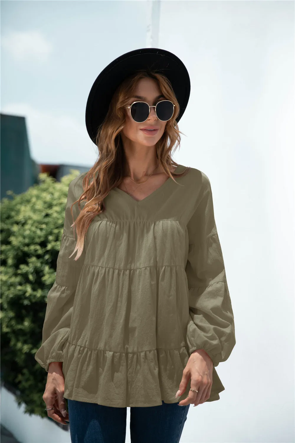 V-Neck Transitional Gathered Blouse