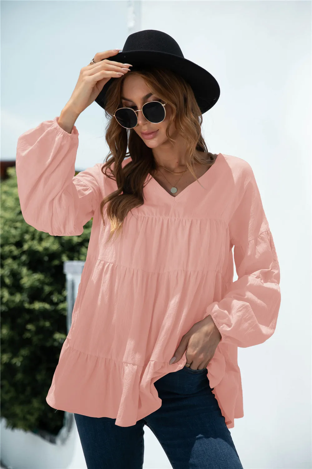 V-Neck Transitional Gathered Blouse