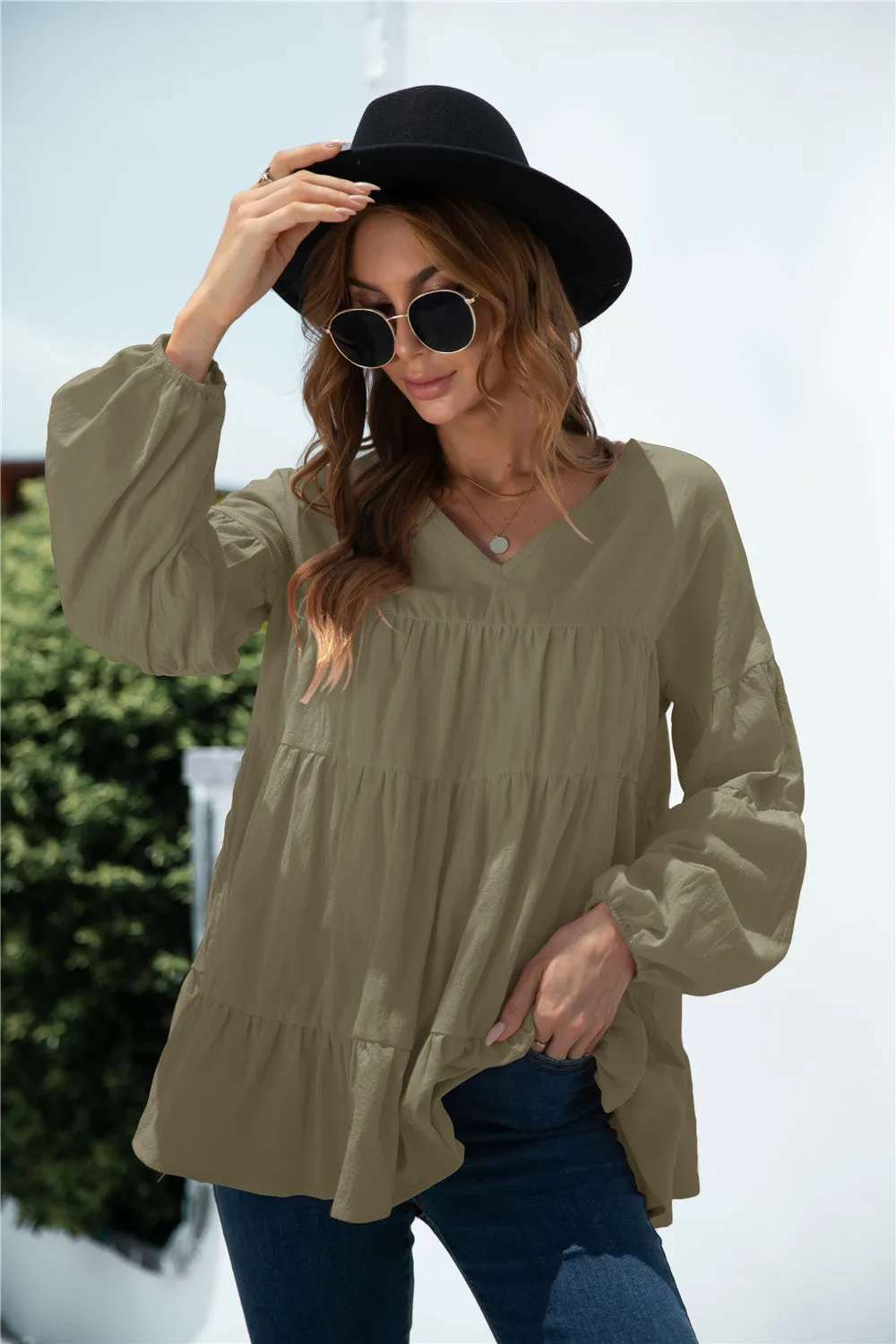 V-Neck Transitional Gathered Blouse