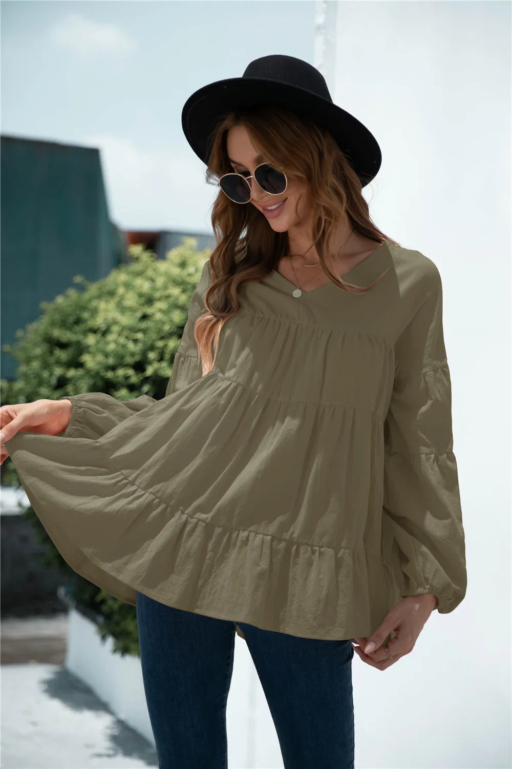 V-Neck Transitional Gathered Blouse