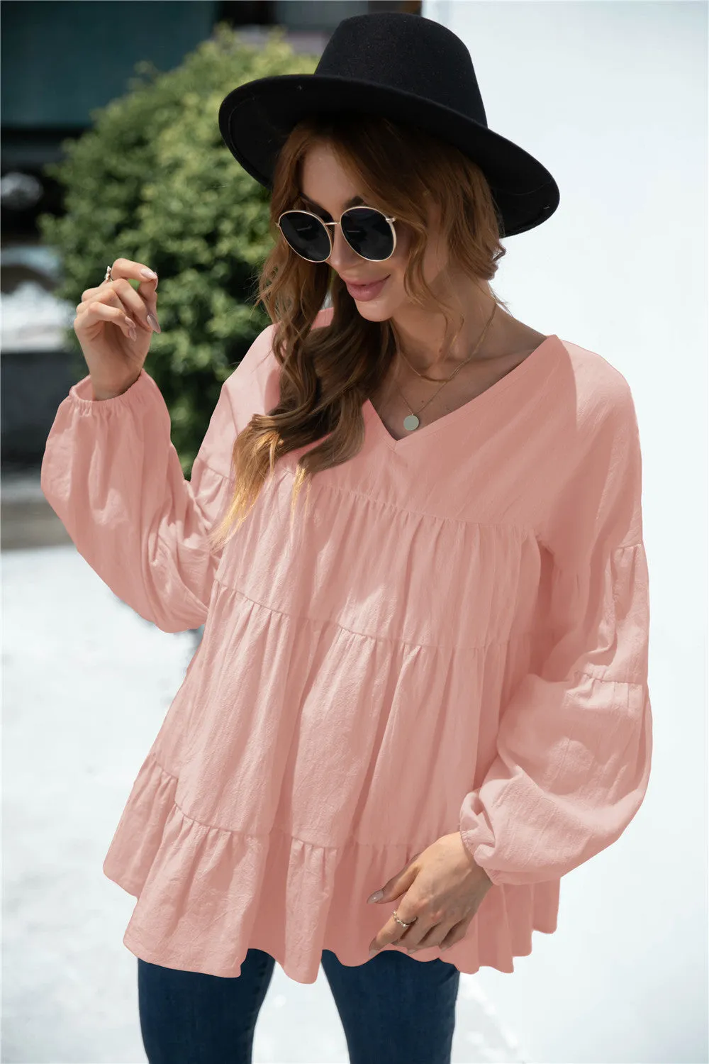 V-Neck Transitional Gathered Blouse