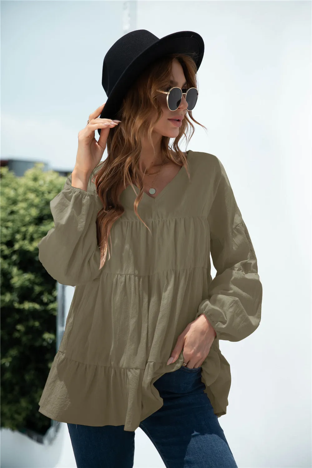 V-Neck Transitional Gathered Blouse