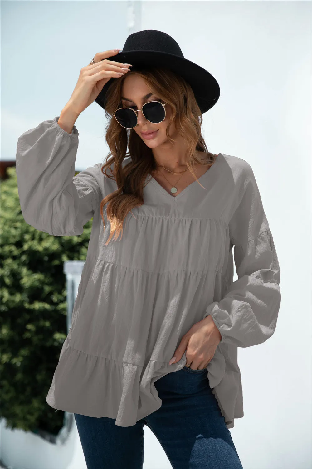 V-Neck Transitional Gathered Blouse