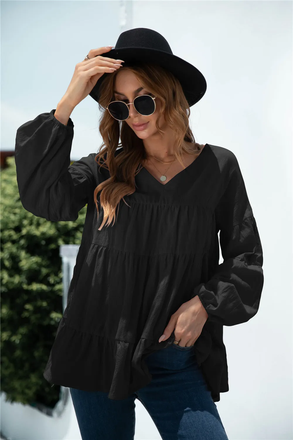 V-Neck Transitional Gathered Blouse