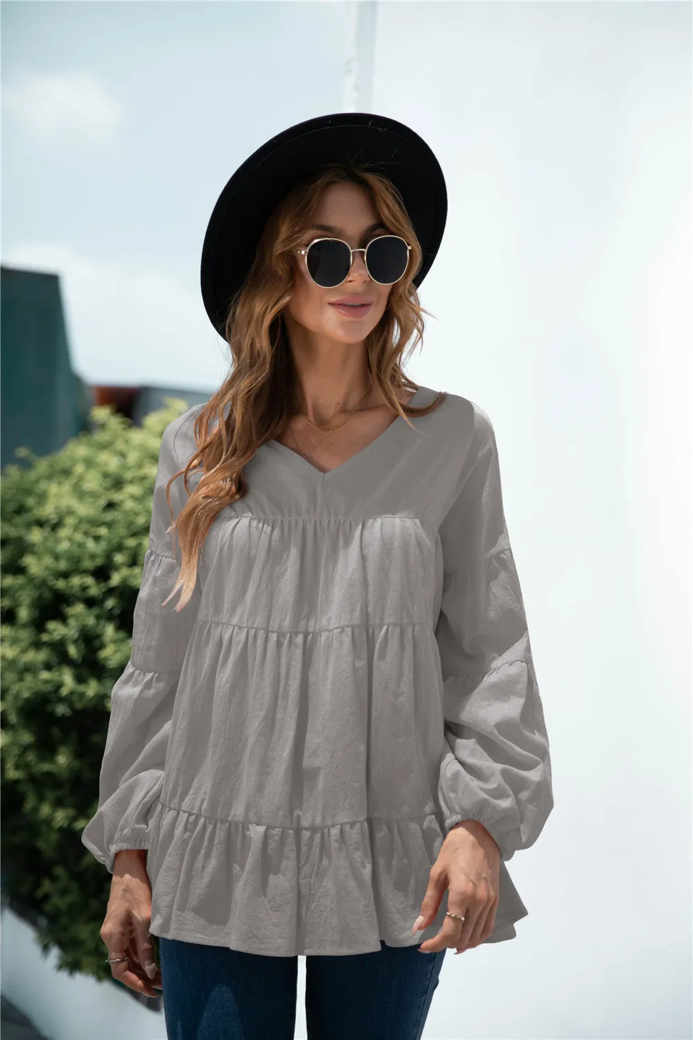 V-Neck Transitional Gathered Blouse