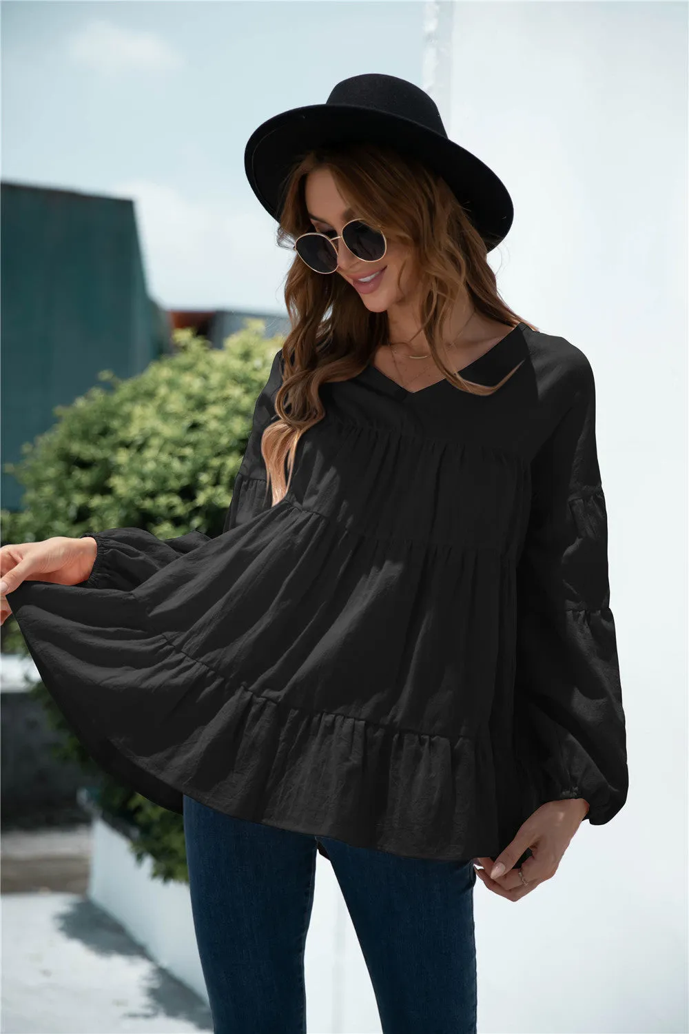 V-Neck Transitional Gathered Blouse