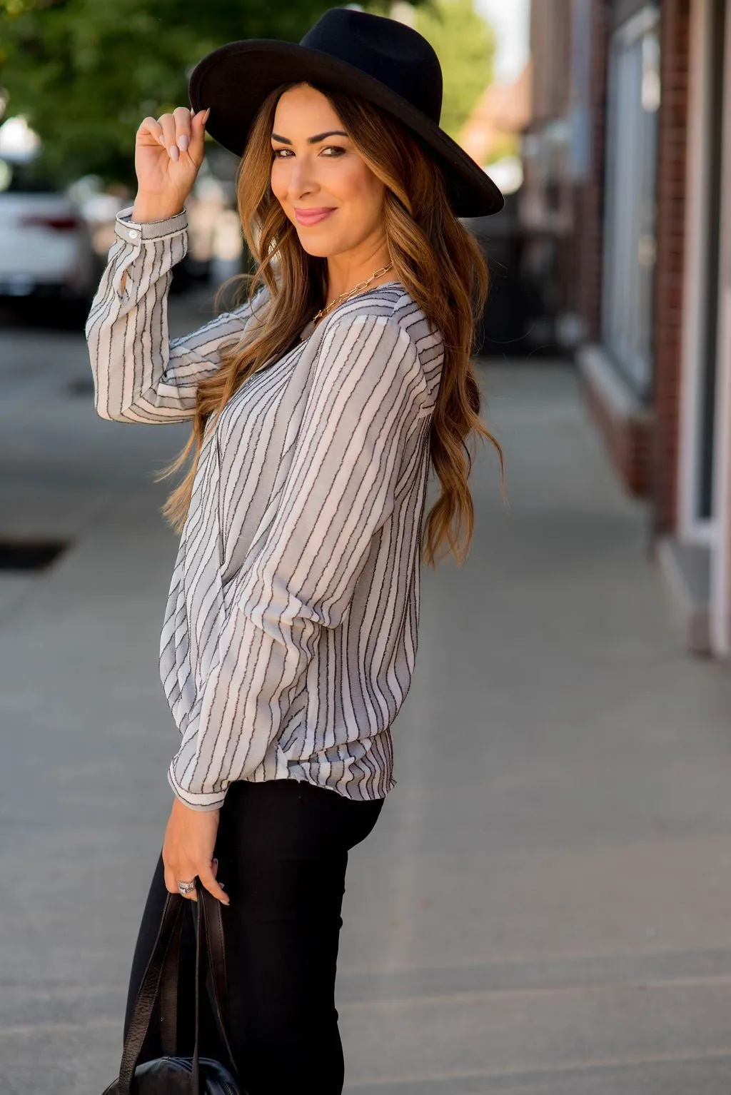 Vertical Stripe V-Neck Wrap Blouse