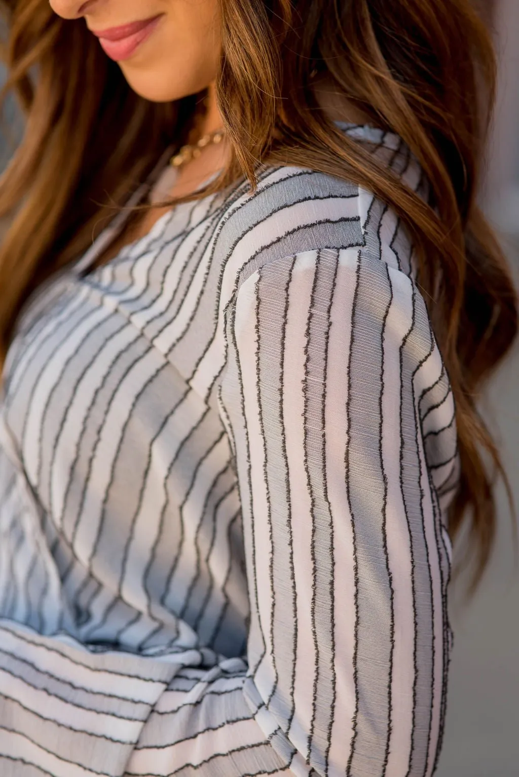 Vertical Stripe V-Neck Wrap Blouse