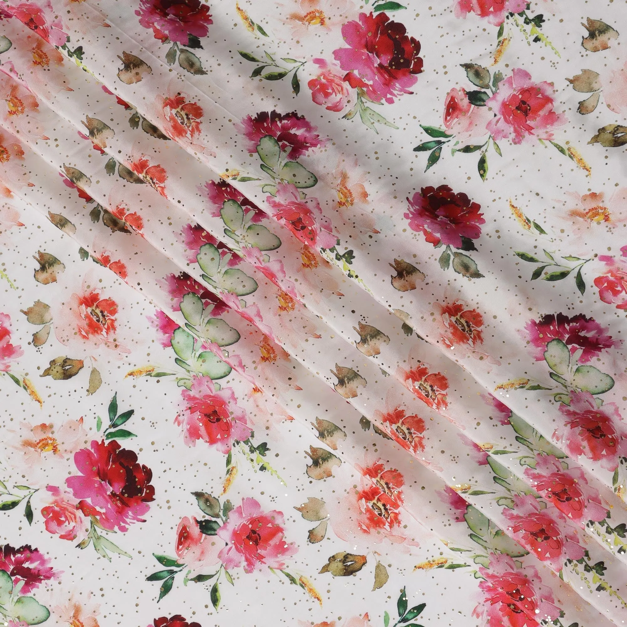 White Indian Viscose Crepe Fabric with Foil, Pink & Red Floral Print, 110 cm Width-D20925