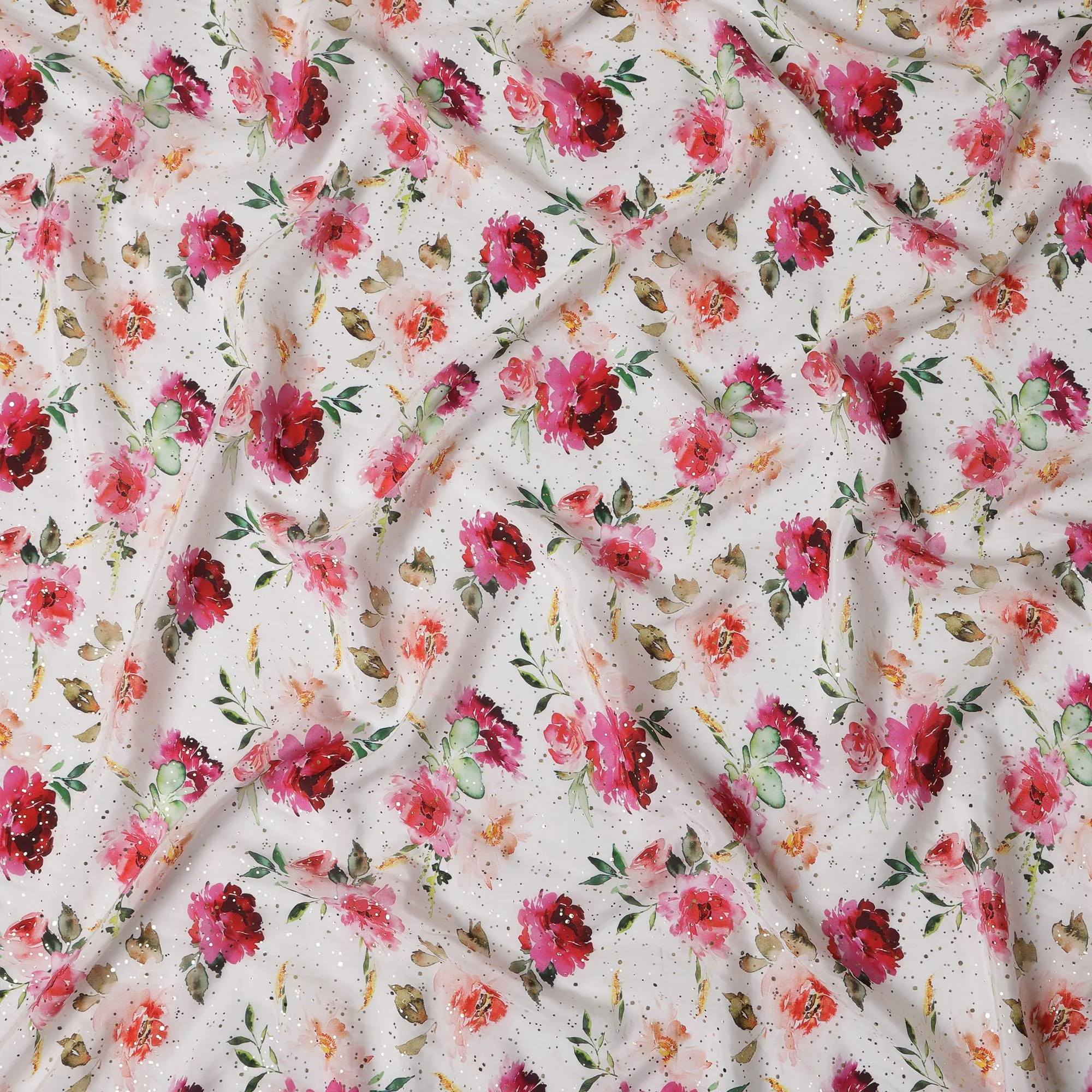 White Indian Viscose Crepe Fabric with Foil, Pink & Red Floral Print, 110 cm Width-D20925