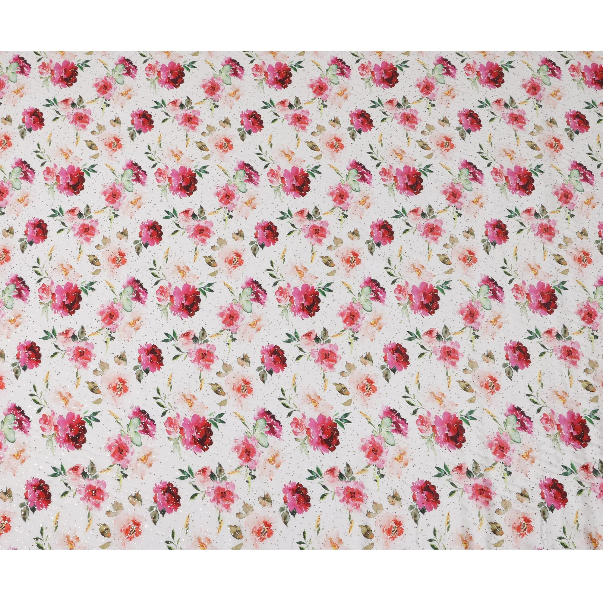 White Indian Viscose Crepe Fabric with Foil, Pink & Red Floral Print, 110 cm Width-D20925