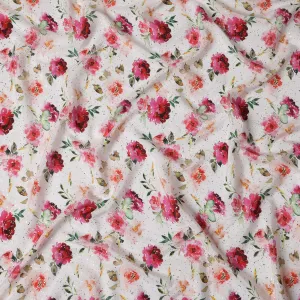 White Indian Viscose Crepe Fabric with Foil, Pink & Red Floral Print, 110 cm Width-D20925