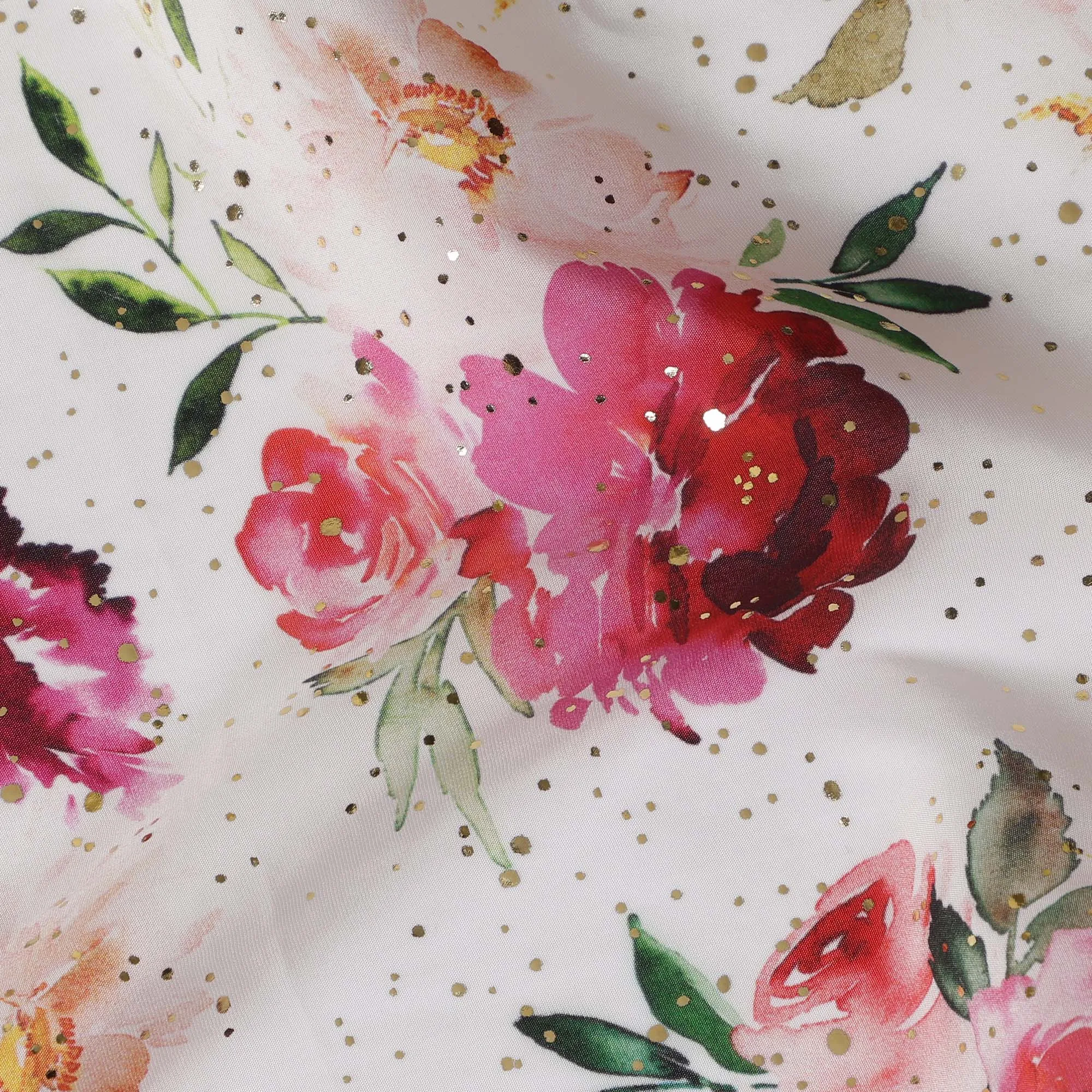 White Indian Viscose Crepe Fabric with Foil, Pink & Red Floral Print, 110 cm Width-D20925
