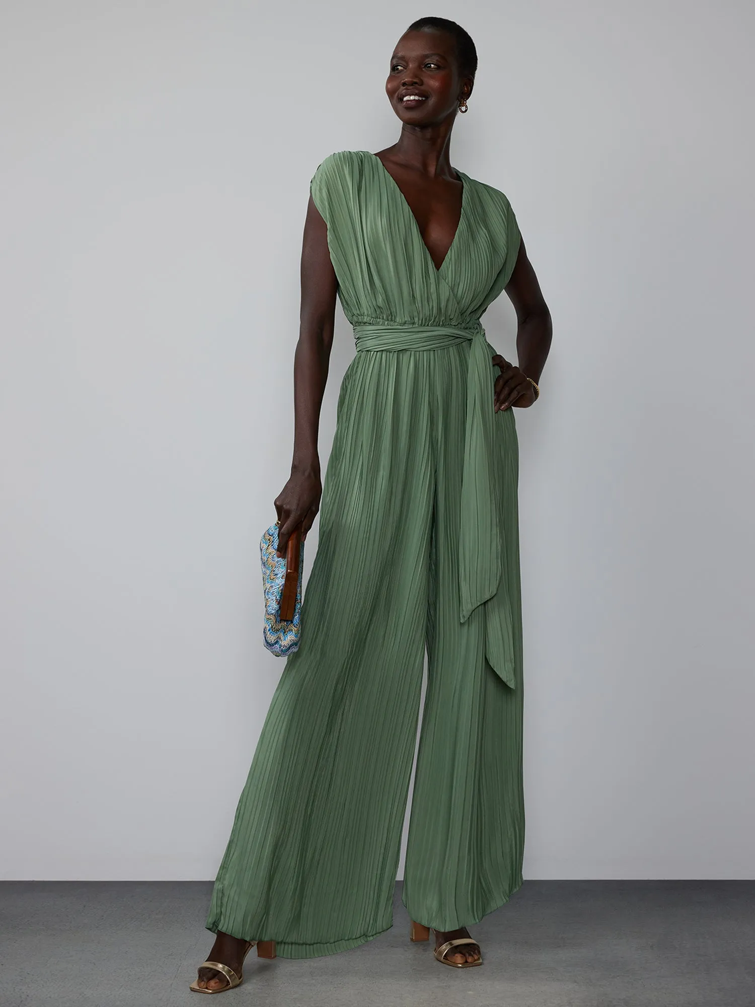 Wide Leg Plisse Wrap Jumpsuit