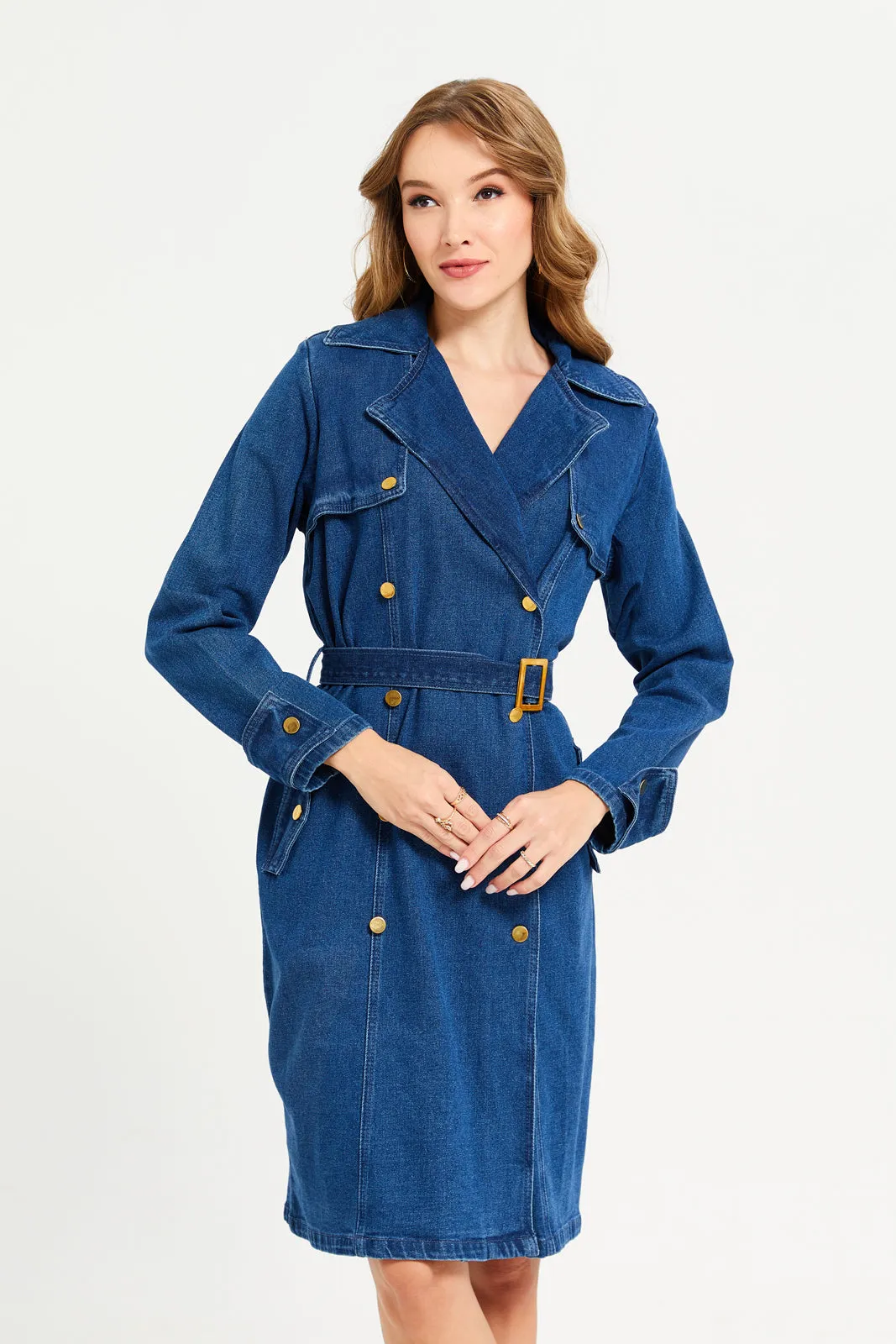Women Navy Collared Denim Dress