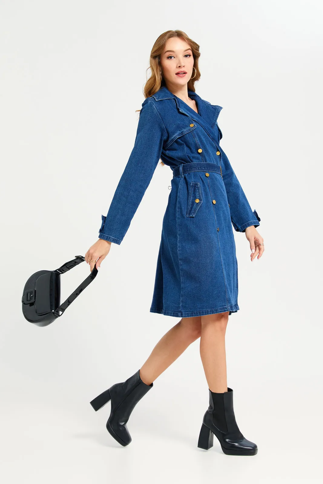 Women Navy Collared Denim Dress