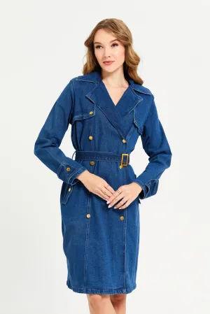Women Navy Collared Denim Dress