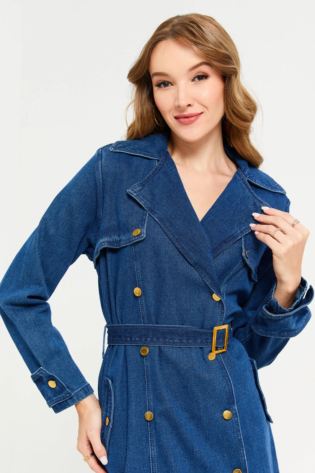 Women Navy Collared Denim Dress