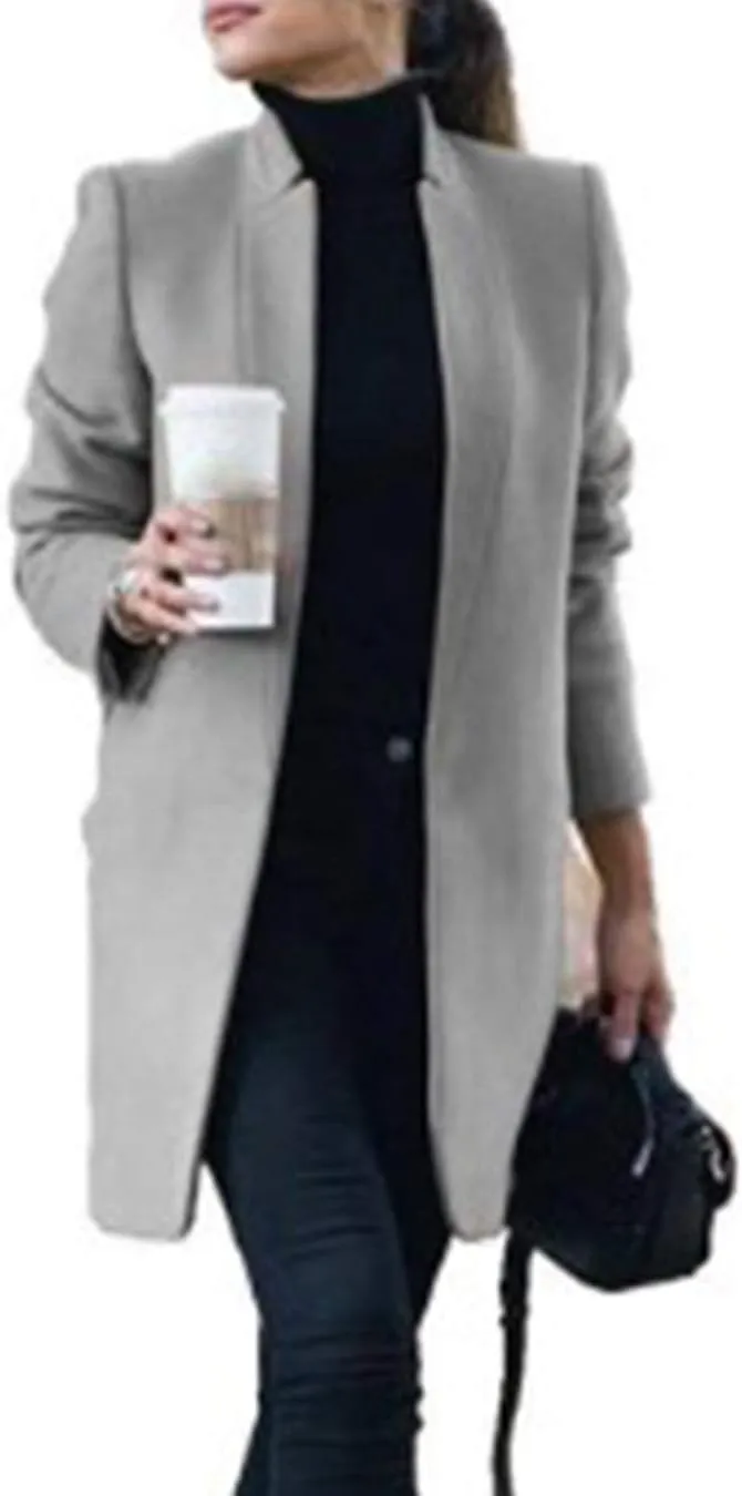 Women Trenchcoat Classic Open Front Long Solid Coat Outwear Plus Size