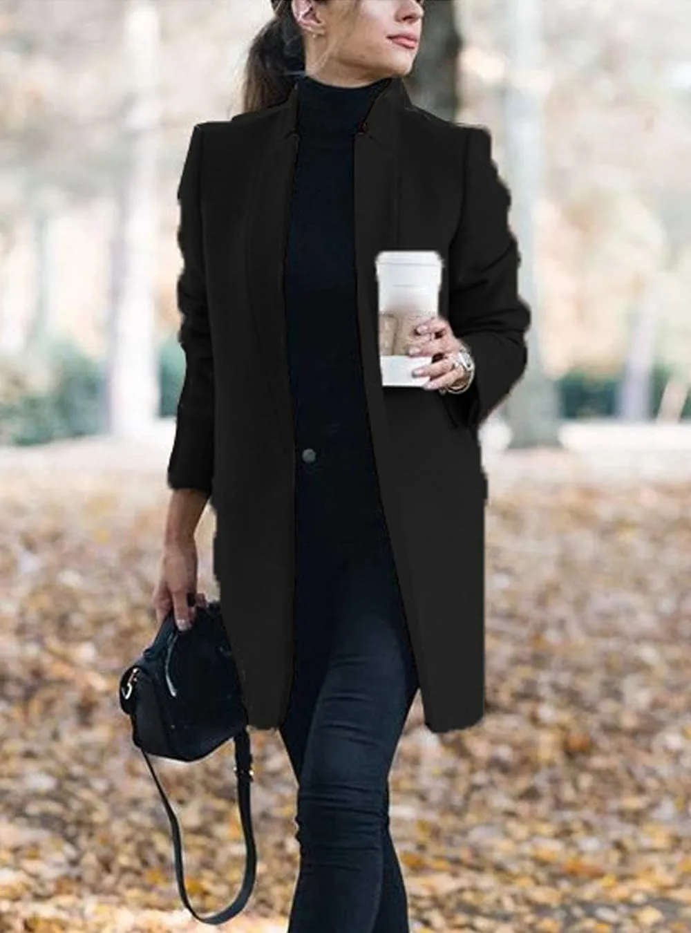 Women Trenchcoat Classic Open Front Long Solid Coat Outwear Plus Size
