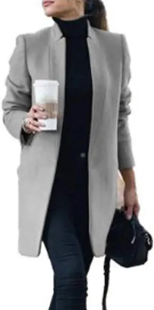 Women Trenchcoat Classic Open Front Long Solid Coat Outwear Plus Size