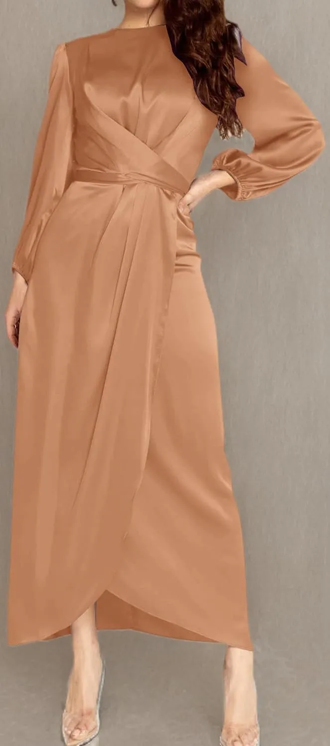 Women's Elegant Empire Waist Long Sleeve Satin Maxi Dress