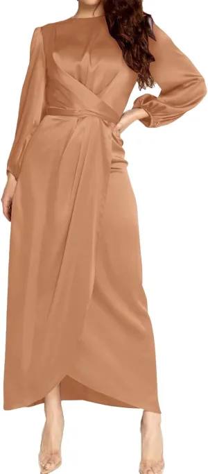 Women's Elegant Empire Waist Long Sleeve Satin Maxi Dress