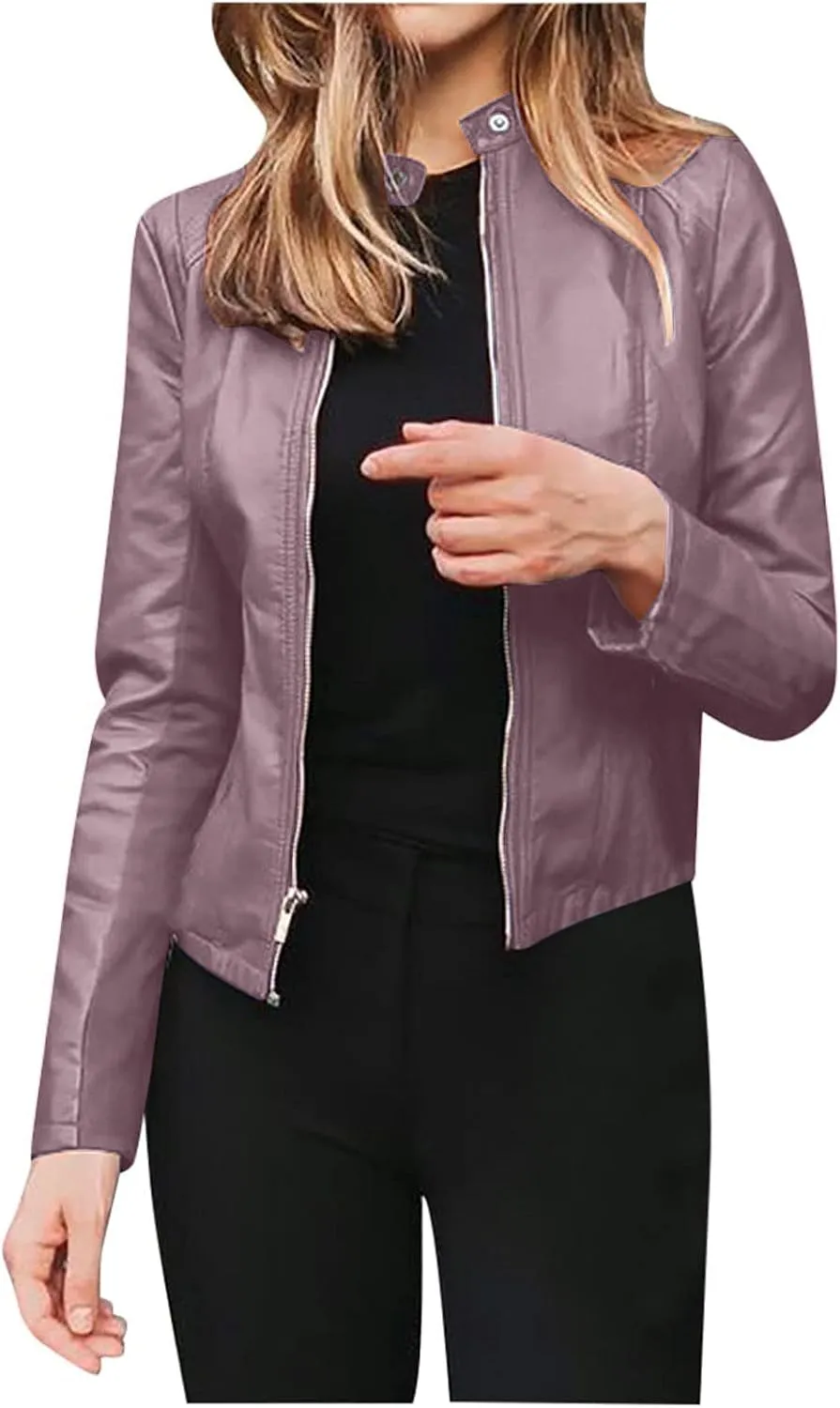 Womens Leather Jacket 2023 Fashion Faux Suede Biker Jackets Fall Zip Up Pu Motorcycle Slim Fit Coats with Pockets