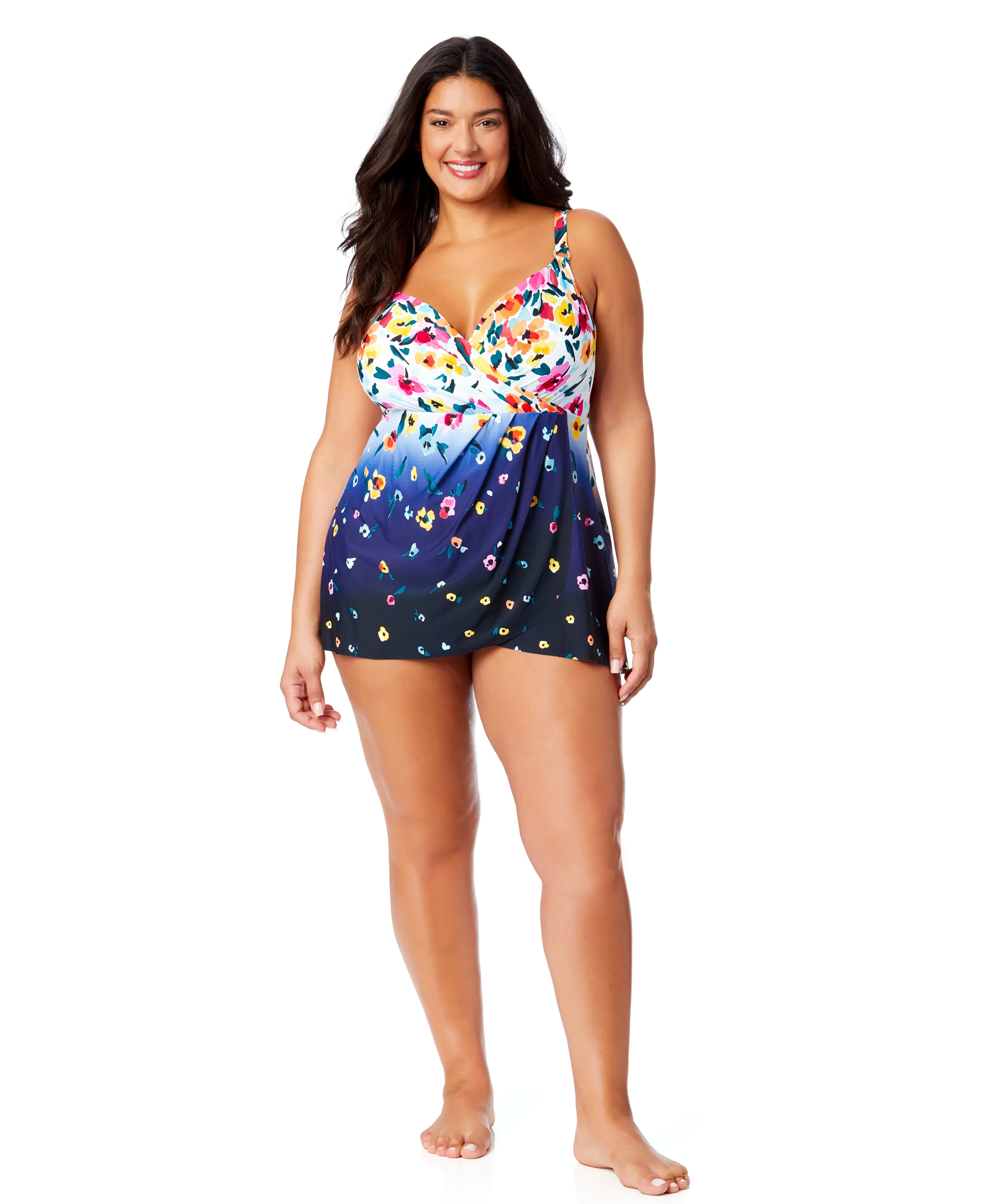 Women's Plus Gradient Floral Swim Dress With Skirted Bottom