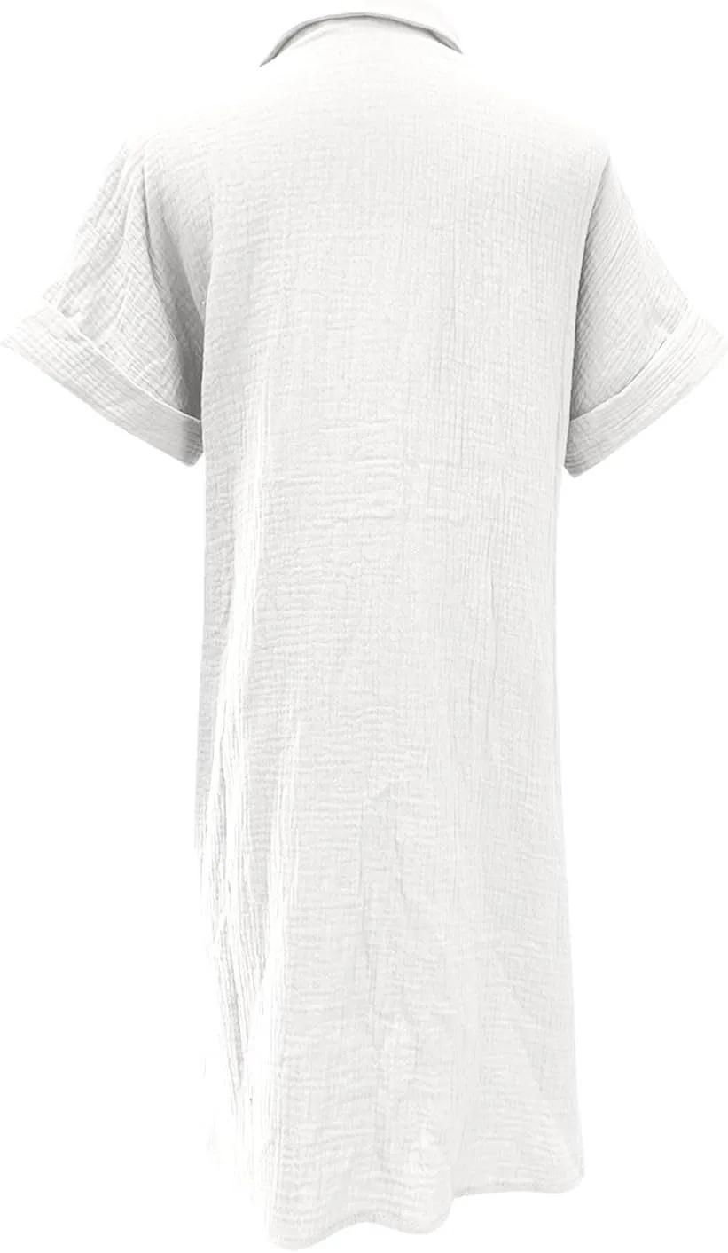 Women's Summer Cotton Shirt Dress Short Sleeves Button Down Knee Length Dresses Casual Loose Mini Dress with Pockets