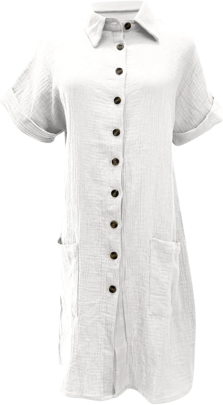 Women's Summer Cotton Shirt Dress Short Sleeves Button Down Knee Length Dresses Casual Loose Mini Dress with Pockets