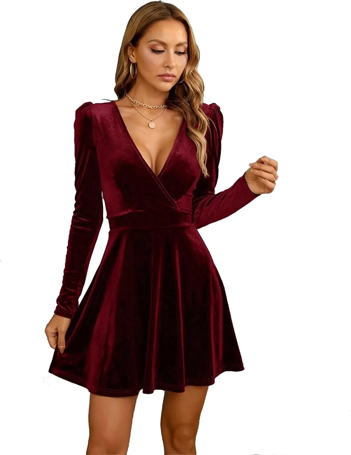 Womens Wrap V-Neck Empire Waist Dress Long Sleeve Elegant Velvet Mini Dress