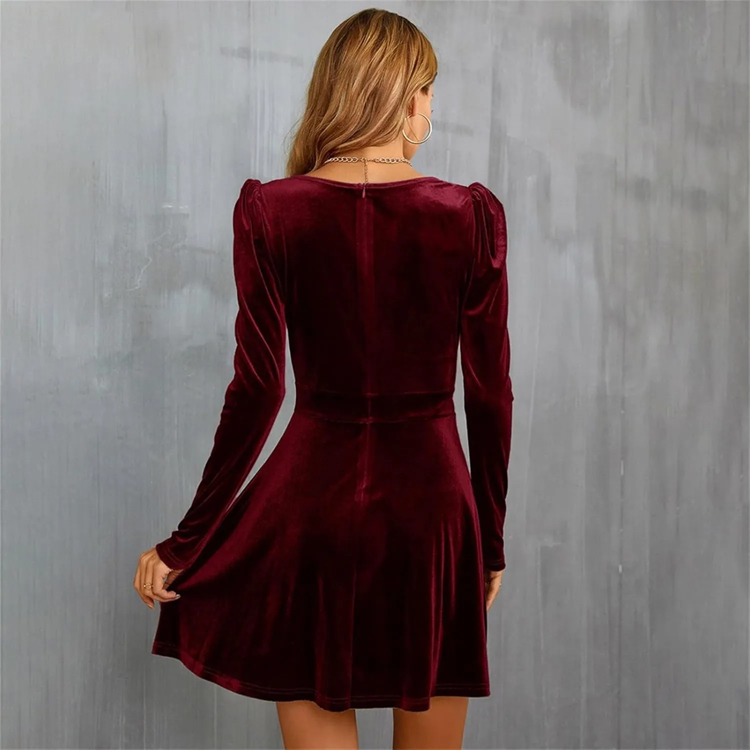 Womens Wrap V-Neck Empire Waist Dress Long Sleeve Elegant Velvet Mini Dress