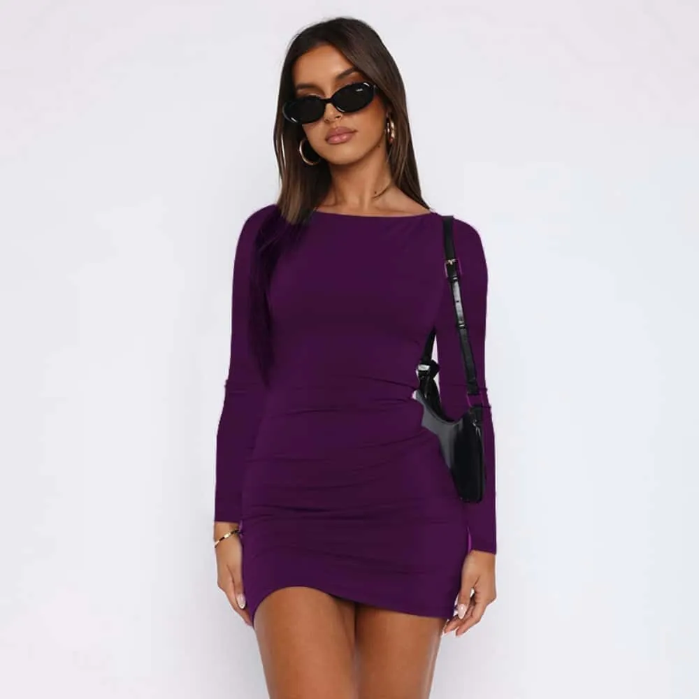 YOXUA Women's Fall Winter Long Sleeve Boat Neck Mini Dress Slim Fit Party Club Teacher Casual Office Dresses